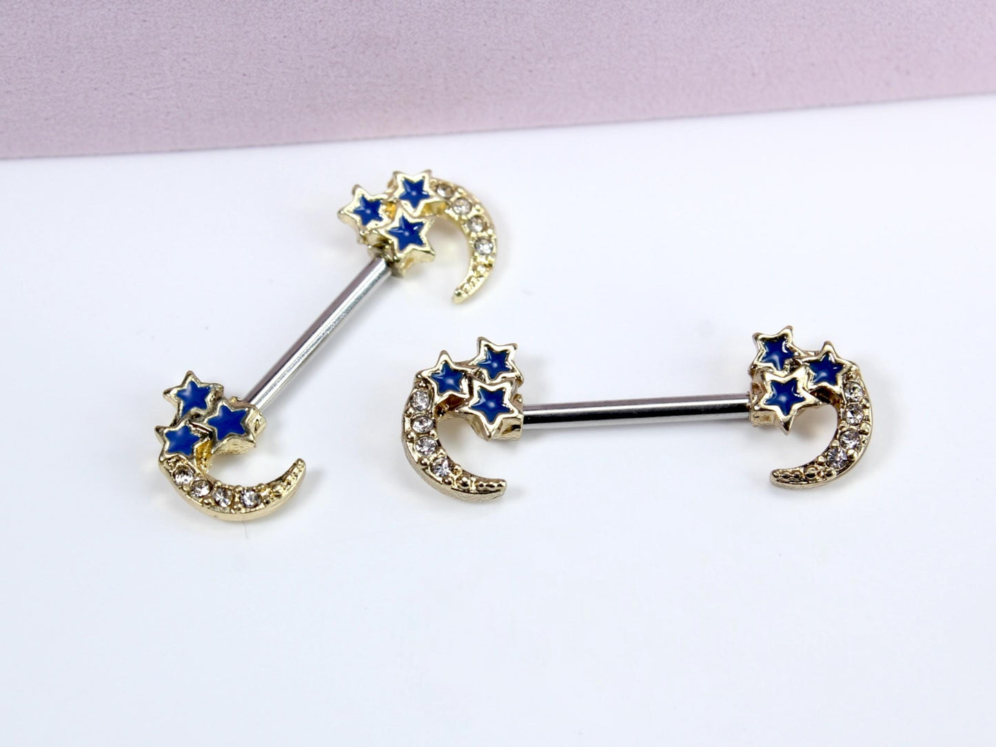 Crescent Moon Nipple Ring, Dainty Star Moon Nipple Piercing Barbell, 14g Nipple Ring, Set of 2 Customized Body Piercing Jewelry