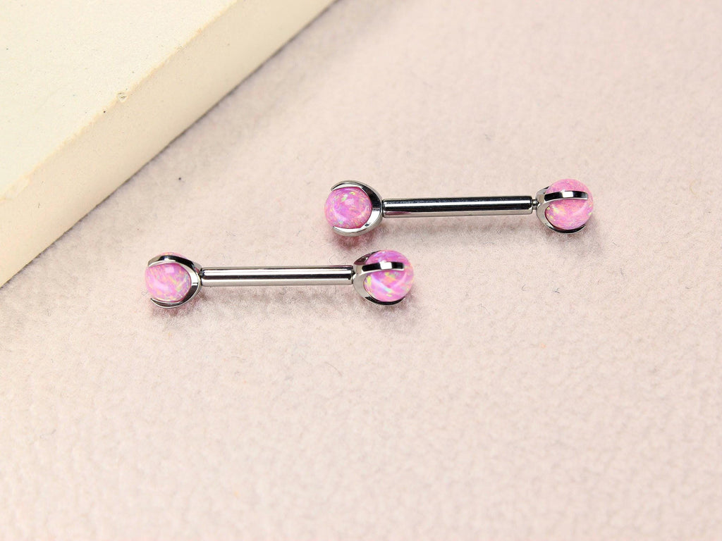 14G Titanium Nipple Barbell, Pink Opal Ball End Nipple Ring Piercing, Pair of Nipple Sheild Body Jewelry, Minimalist Nipple Piercing Jewelry