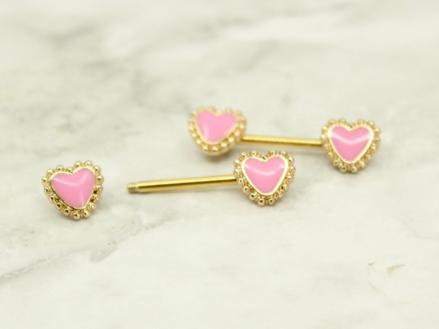 NEW • Pink Heart Nipple Barbell, 14g Gold Pink heart Nipple Ring Jewelry, Body Piercing Jewelry, Set of 2 Nipple Jewelry