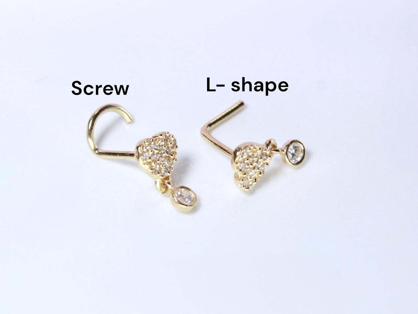 14K Gold Heart Nose Stud, 20g Dainty Dangling Heart L Shape Corkscrew Nose Stud, Gold Nose Jewelry, L Bend Screw Nose Piercing Ring Jewelry