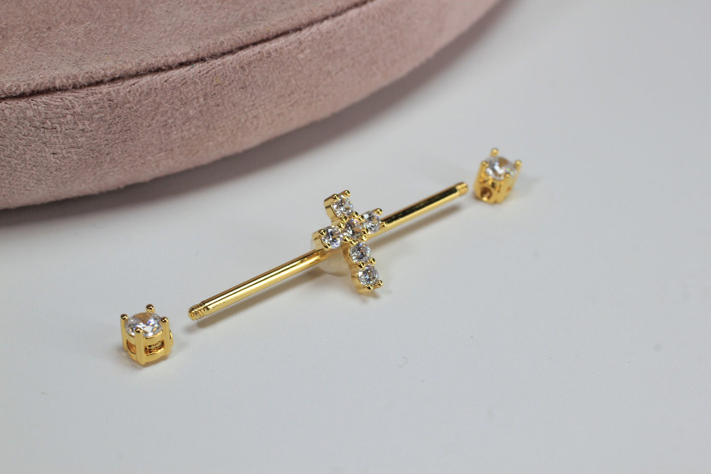 14G Cross Industrial Barbell, Dainty Sparkling Gold Jesus Cross Industrial Barbell Piercing, 35mm Barbell Body Jewelry.