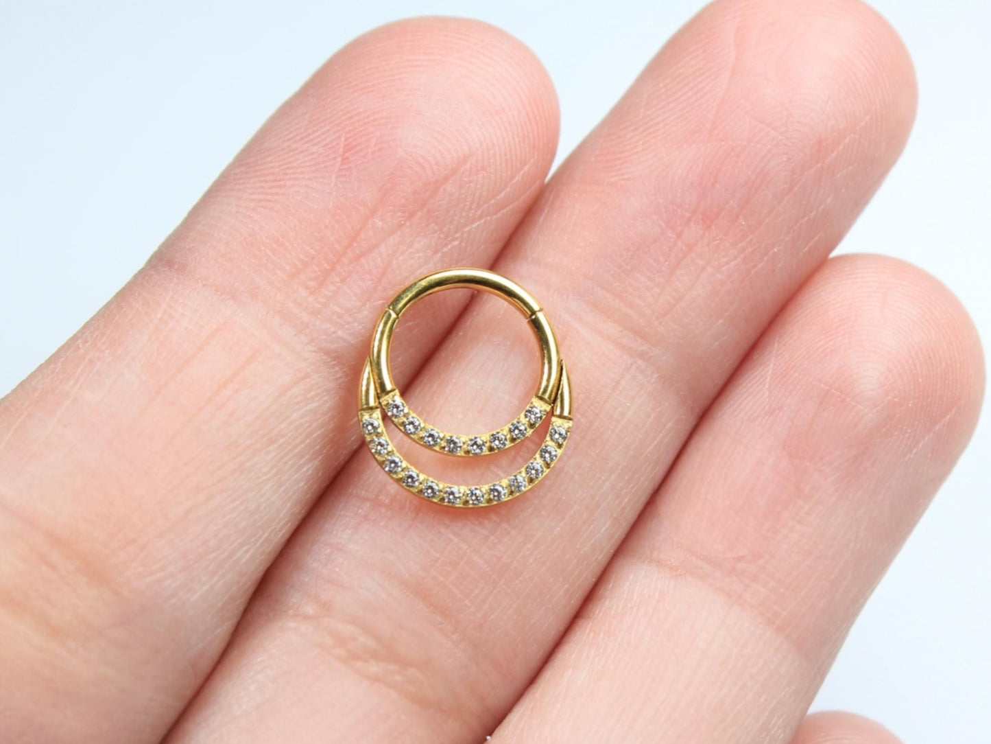 16G Septum Clicker Hinged Hoop Ring, Gold Dainty Double Line Sparkle Gem Septum Piercing Jewelry, Nose Piercing Body Jewelry