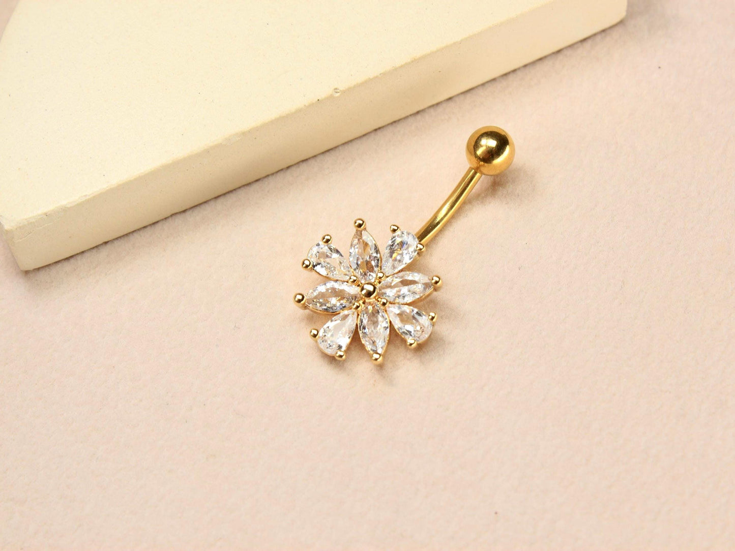 14G Gold CZ Floral Belly Button Ring – Minimalist Flower Navel Piercing