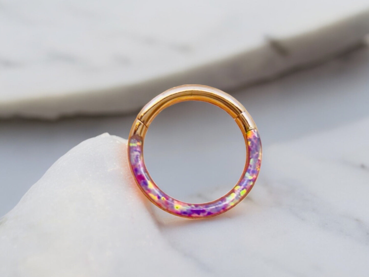 16G Rose Gold Pink Opal Front Dainty Simple Style Septum Piercing Ring, Nose Piercing Ring, Septum Nose Jewelry