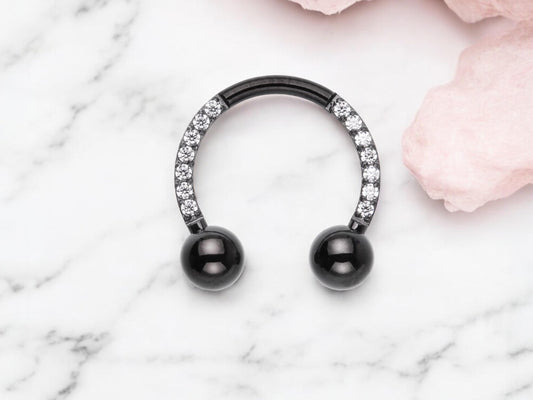 16g Black Horseshoe Sparkly Gem Septum, Implant Grade Titanium Septum Ring, Hinged Septum Clicker, Hypoallergenic Septum Piercing.