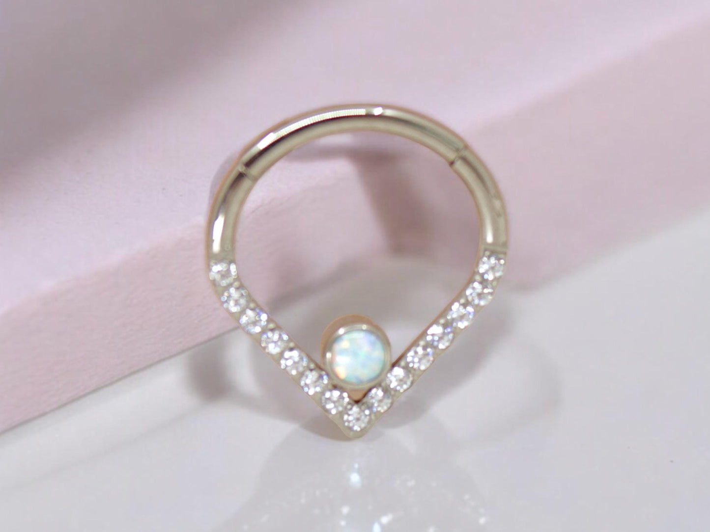 16g Titanium Septum Clicker Hoop, V shape Opal Gem Chevron Hinged Hoop Ring, 16g 8mm 10mm Septum Piercing Nose Piercing Jewelry
