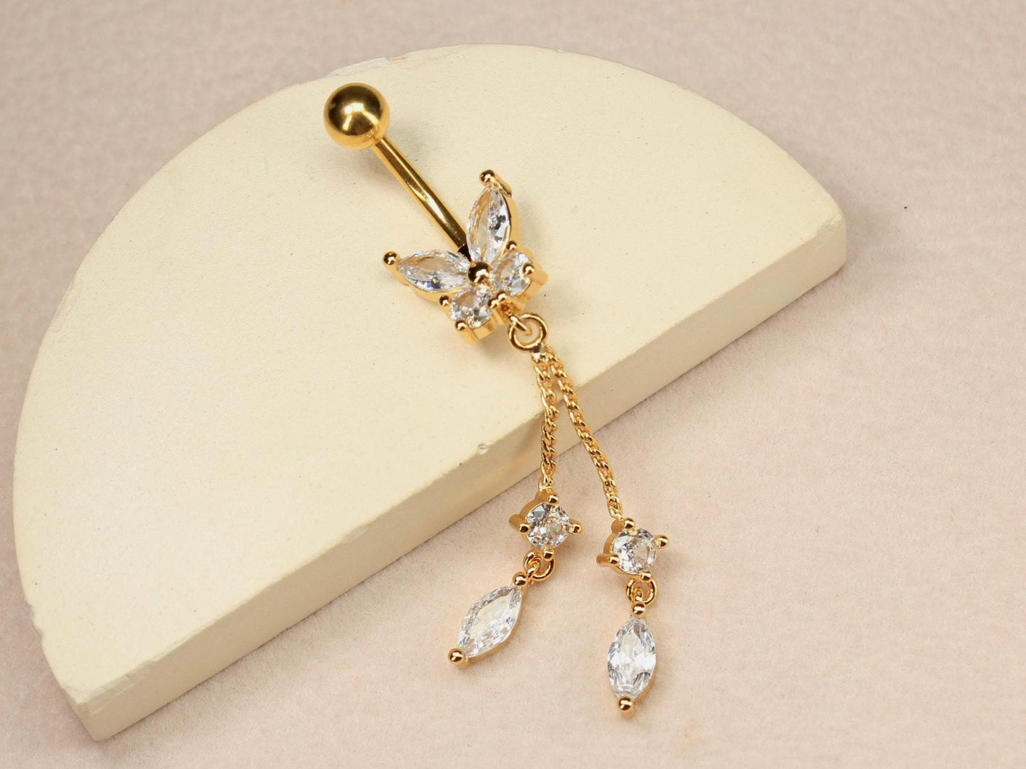 Gold Butterfly Dangling Belly Button Ring – 14G CZ Chain Navel Piercing Jewelry