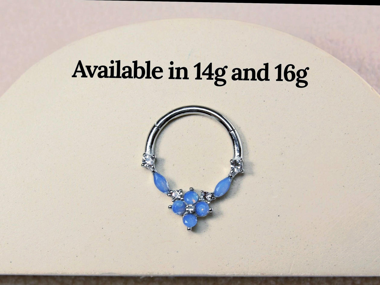 Blue Opal Septum Clicker Ring, 16G Dainty Floral Nose Septum Hinged Hoop Ring, Nose Piercing Septum Ring, Body Piercing Jewelry