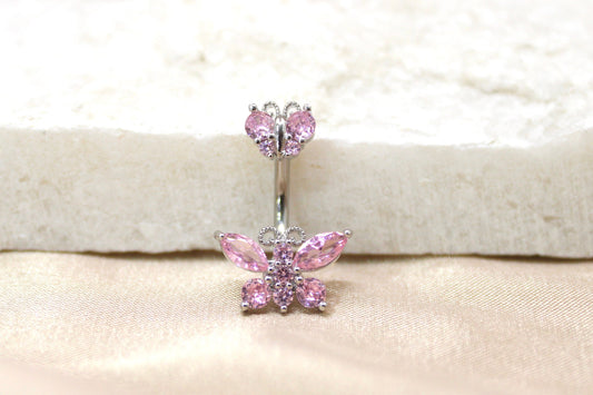 Butterfly Belly Button Ring, 14g Cute Simple Pink Belly Ring, Navel Piercing, Minimalist Body Jewelry