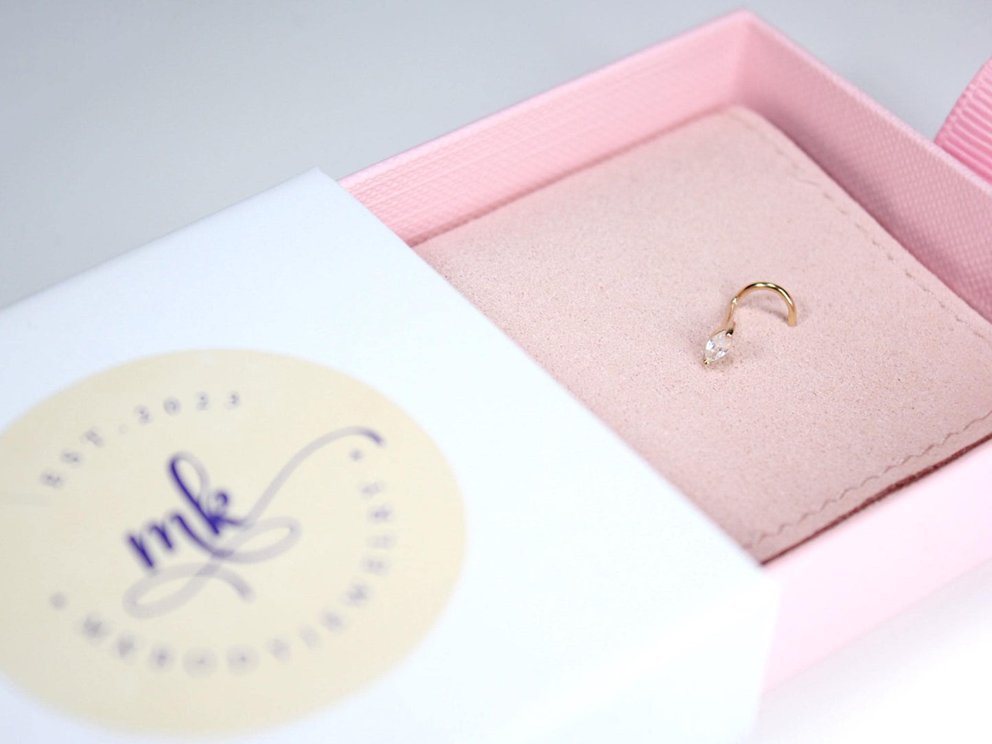 14K Gold Marquise Nose Stud, 20g Dainty Crystal Gold Nose Screw Jewelry, Minimalist Corkscrew Nose Piercing Jewelry, Gold Jewelry