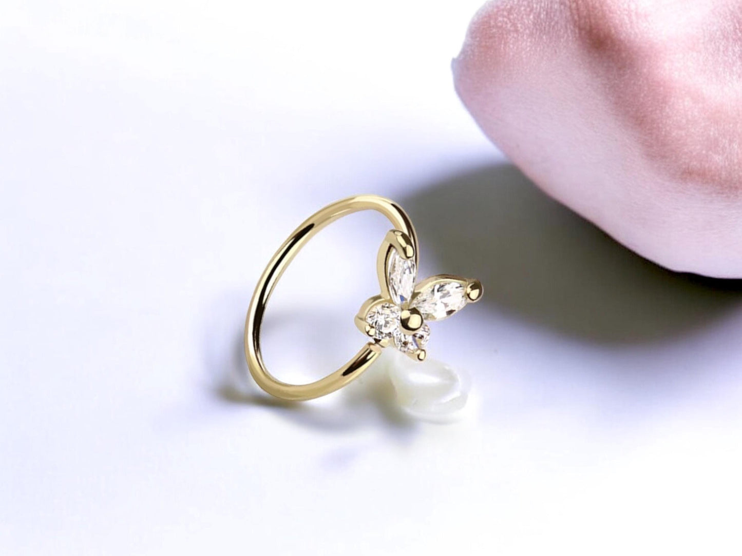 14K Gold Butterfly Nose Ring, 20g Dainty Crystal Butterfly Nose Hoop Ring Jewelry, Bendable Nose Piercing Jewelry, Solid Gold Jewelry,