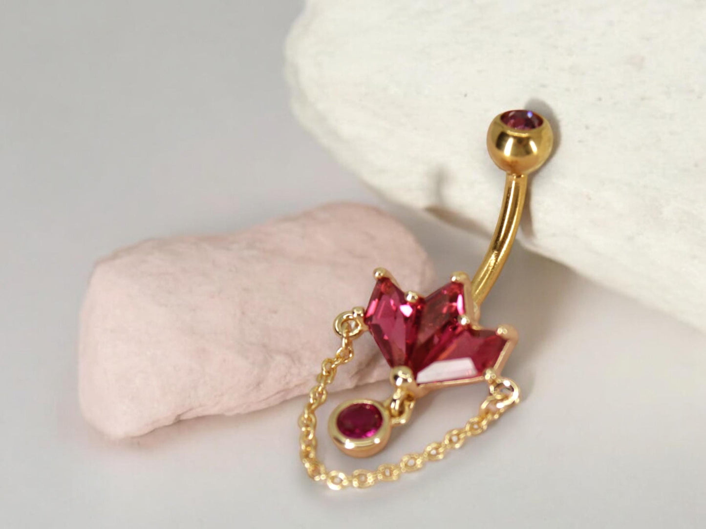 14g Dangling Gold Chain Belly Ring, Pink Marquise Gem Petal Decor Charm Belly Button Piercing Jewelry, Gold Dangling Navel Piercing Jewelry