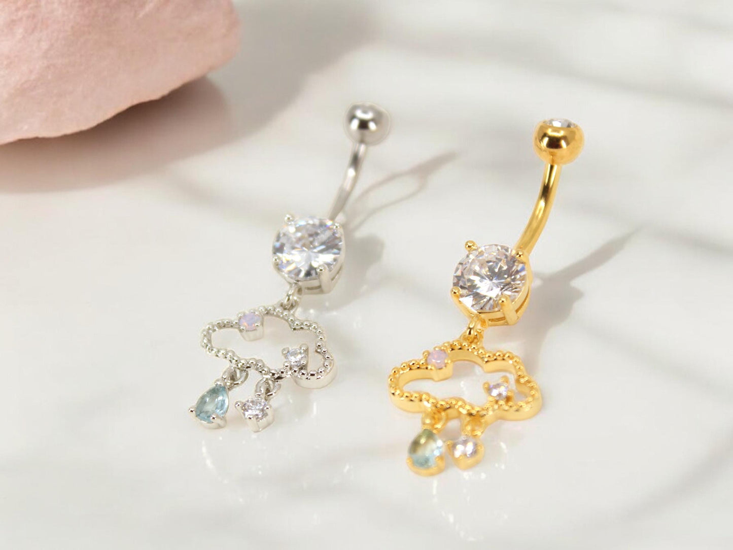 14g Dangling Belly Ring, Gold Silver Raining Cloud Dangle Belly Button Ring, Navel Piercing, Body Jewelry, Belly Ring Piercing Jewelry