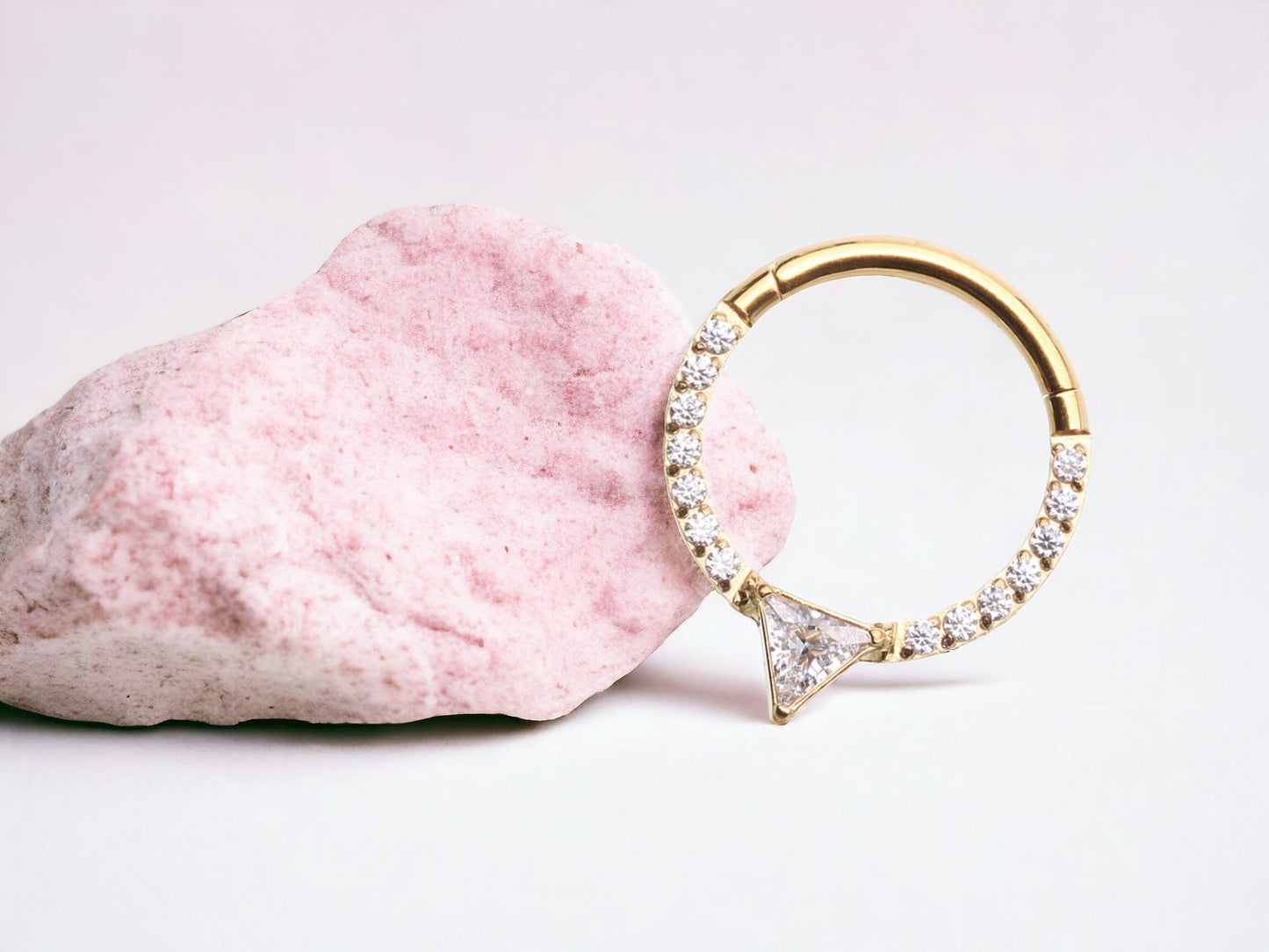 16g Gold CZ Sparkling Multi-Gem Septum Ring. V cut shaped clicker hoop ring. Clear Gem Seamless Septum Ring.