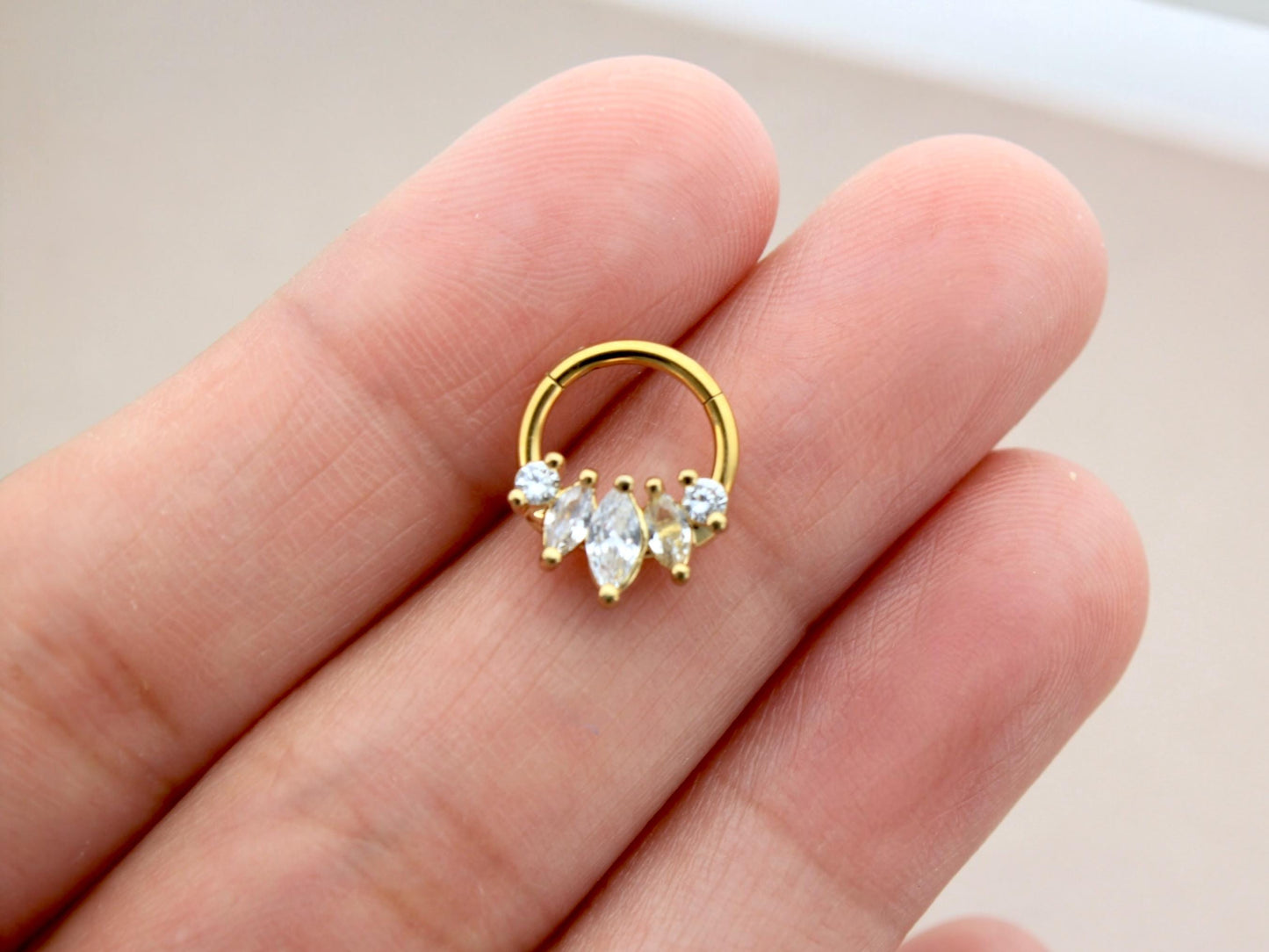 16G Gold Septum Clicker Ring, Dainty Gold Marquise Septum Hinged Hoop Ring, Gold Nose Piercing, Septum Piercing Jewelry