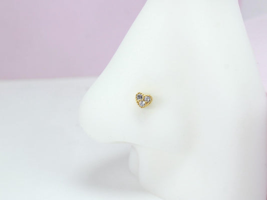 Dainty Gold Heart Nose Stud, 20G CZ Heart Top L Shape Nose Stud Jewelry, Cute Minimalistic Heart Charm Thin Nose Piercing Body Jewelry,