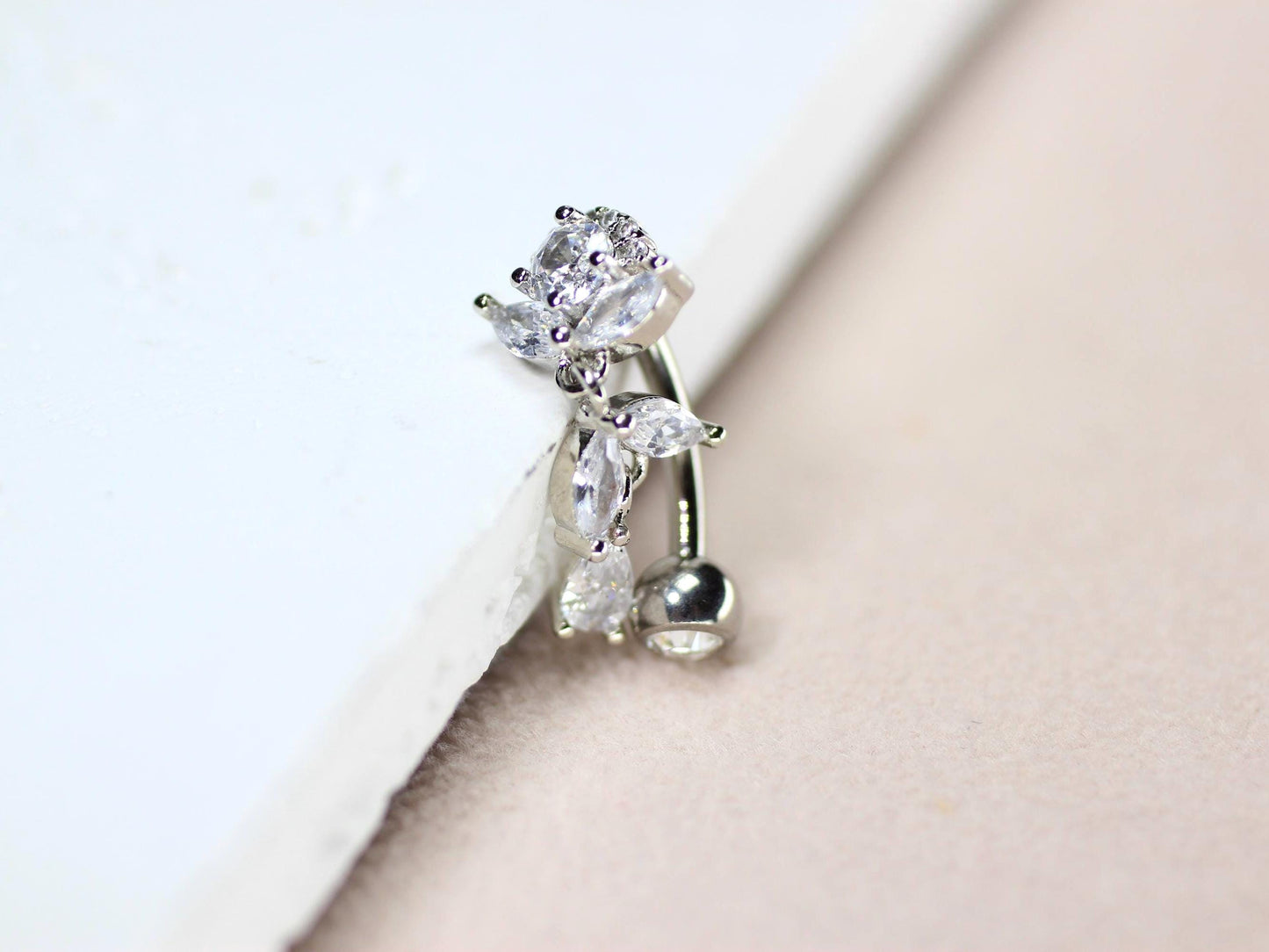 Implant Grade Titanium Belly Button Ring,14g Silver Floral Top Down Inverted Belly Ring,Dangling Navel Piercing, Hypoallergenic Body Jewelry