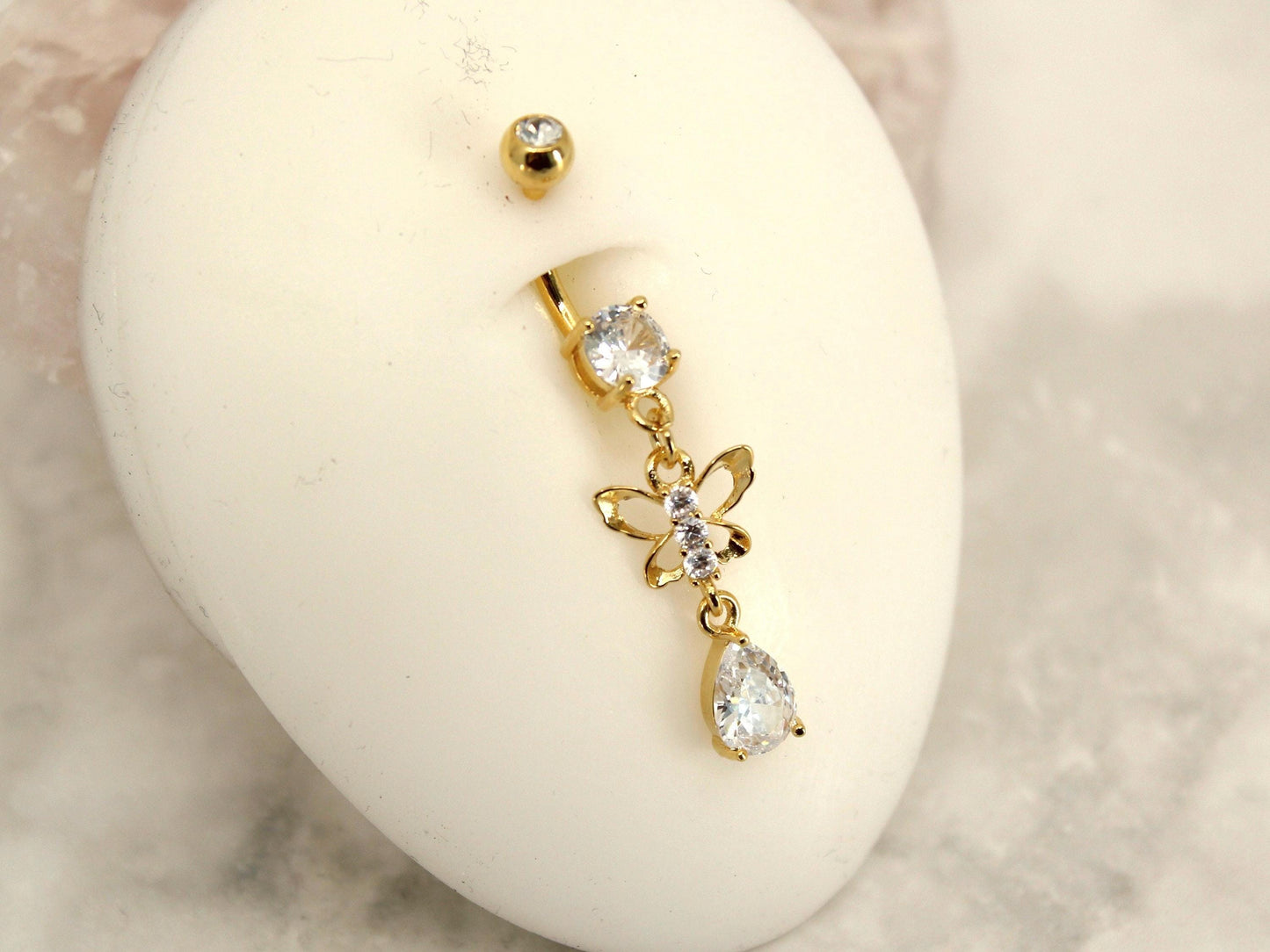 Butterfly Dangling Belly Ring, Teardrop Sparkle Dangling Belly Button Ring Piercing, Navel Piercing Ring Body Jewelry, Gold Belly Jewelry