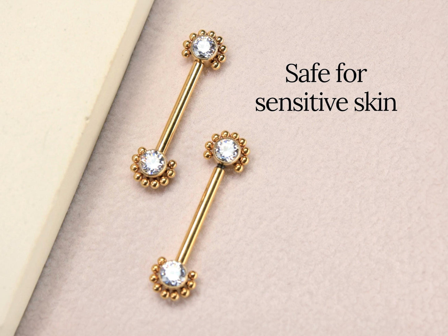 14G Gold Titanium Nipple Barbell, Internally Threaded Beaded Decor CZ Nipple Ring Piercing, Minimalist Body Jewelry
