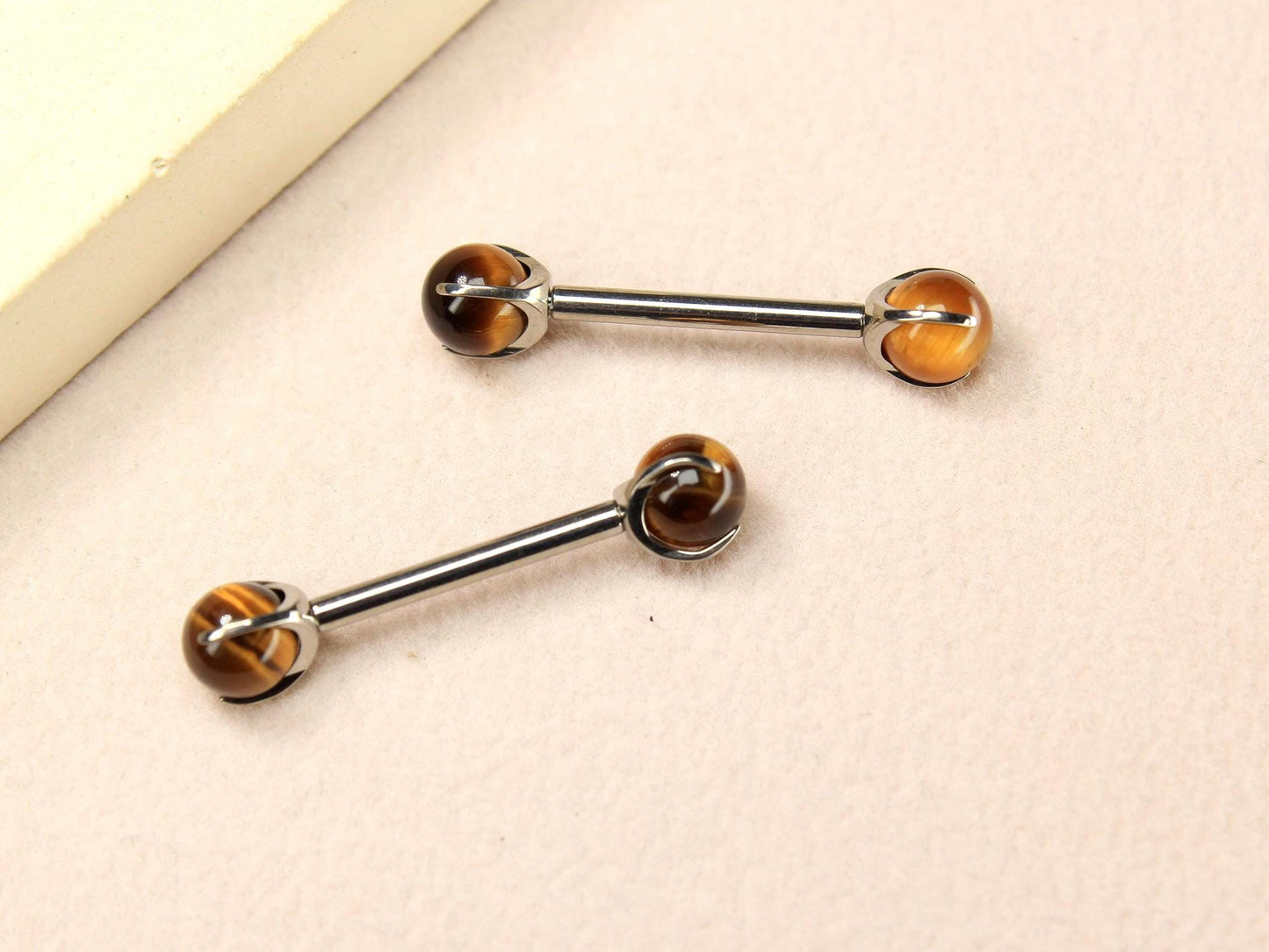 Tiger Eye Titanium Nipple Barbell, 14G Internally Threaded Nipple Piercing Ring, Custom Body Jewelry