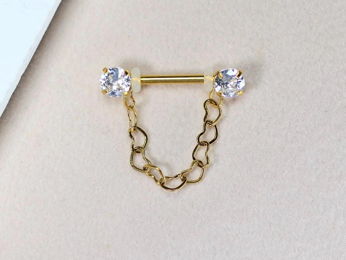 14g Gold Nipple Barbell, Dangling Heart Chain CZ Prong Nipple Piercing, Minimalist Piercing, Surgical Steel Body Jewelry.