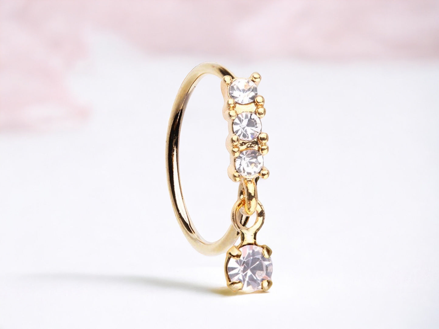 20g Gold CZ Dangling Nose Ring. Bendable Sparkling Gem Nose Ring Hoop. Cute Nose Piercing Jewelry. CZ nose ring.