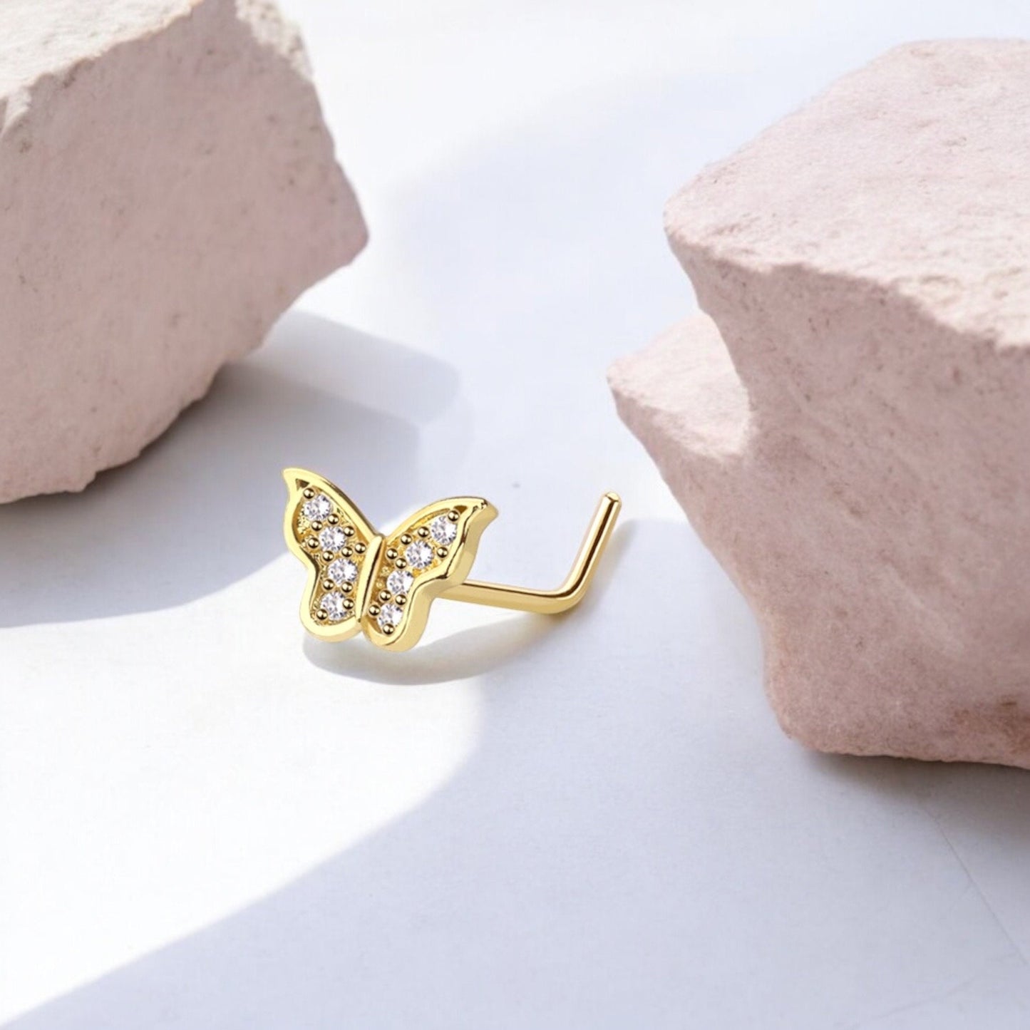 Gold Butterfly Nose Stud, 20g Dainty CZ Decor Butterfly Nose Piercing Body Jewelry, L shape Nose Piercing Ring, Thin Nose Stud Jewelry.