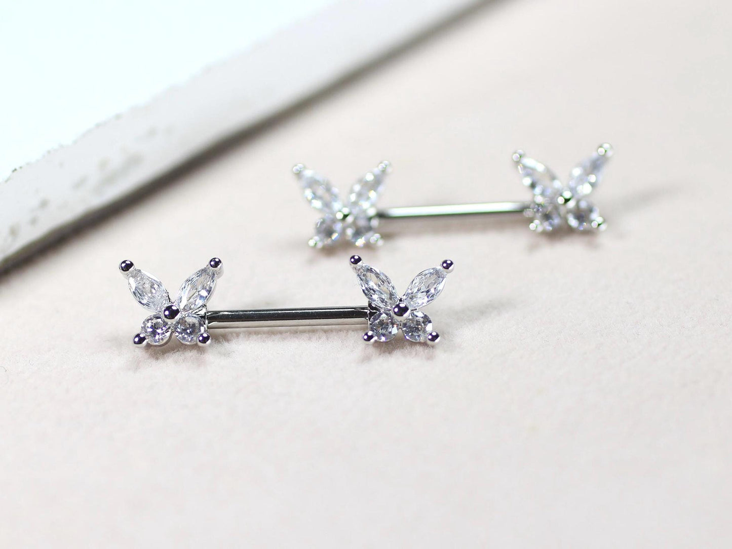 Silver Butterfly Nipple Ring, Dainty Marquise Gem Butterfly Nipple Piercing Barbell, 14g Nipple Ring, Surgical Steel Body Jewelry.