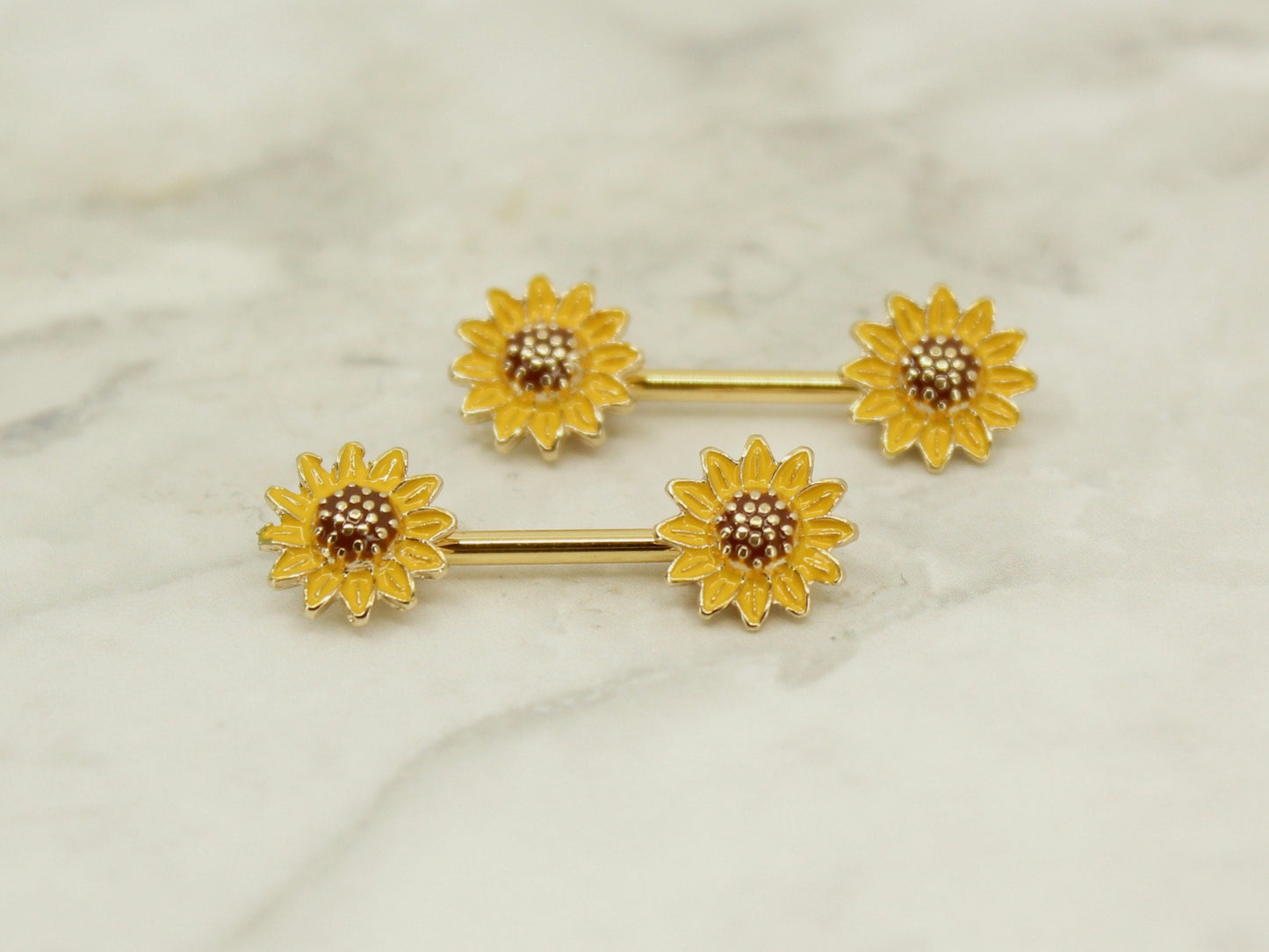 Sunflower Nipple Barbell, 14g Sunflower Nipple Ring Piercing.  Set of 2 Floral Nipple Piercing Jewelry, Body Piercing Nipple Jewelry