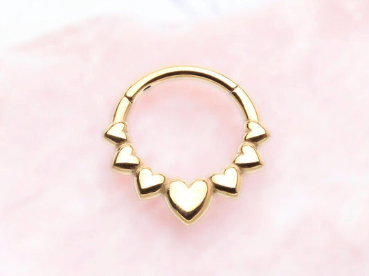 Heart Septum Ring, Gold Multi Heart Decor Hinged Septum Clicker Ring Piercing, Nose Piercing Hoop Ring, Daith Piercing, 16g Septum Hoop