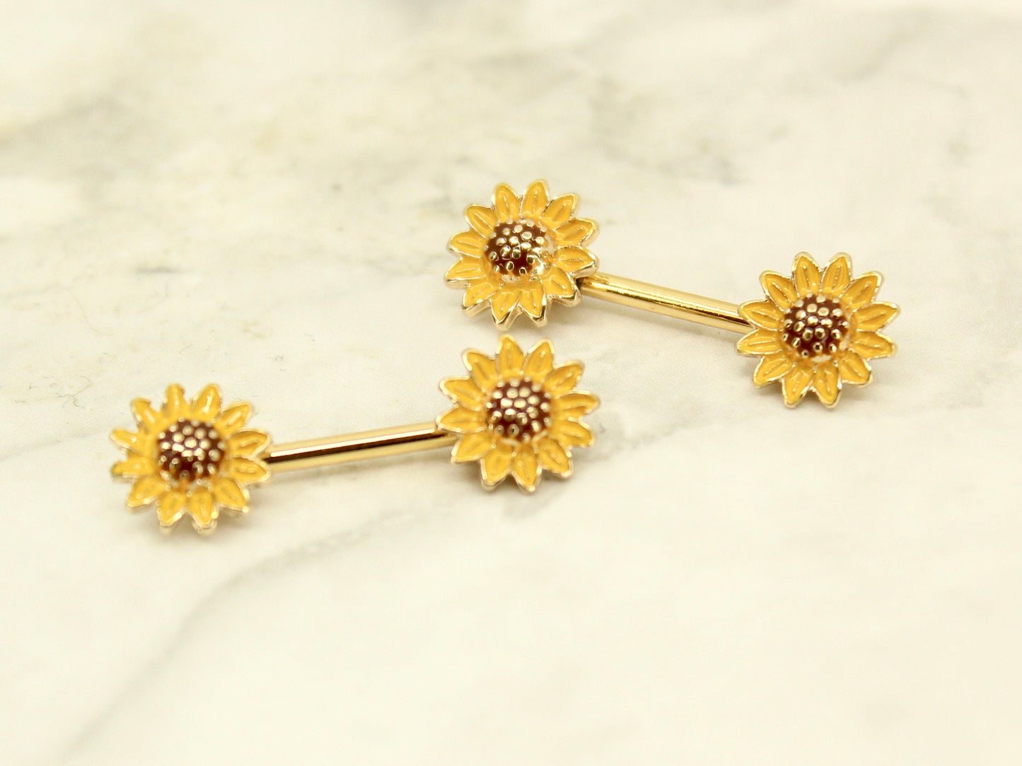 Sunflower Nipple Barbell, 14g Sunflower Nipple Ring Piercing.  Set of 2 Floral Nipple Piercing Jewelry, Body Piercing Nipple Jewelry