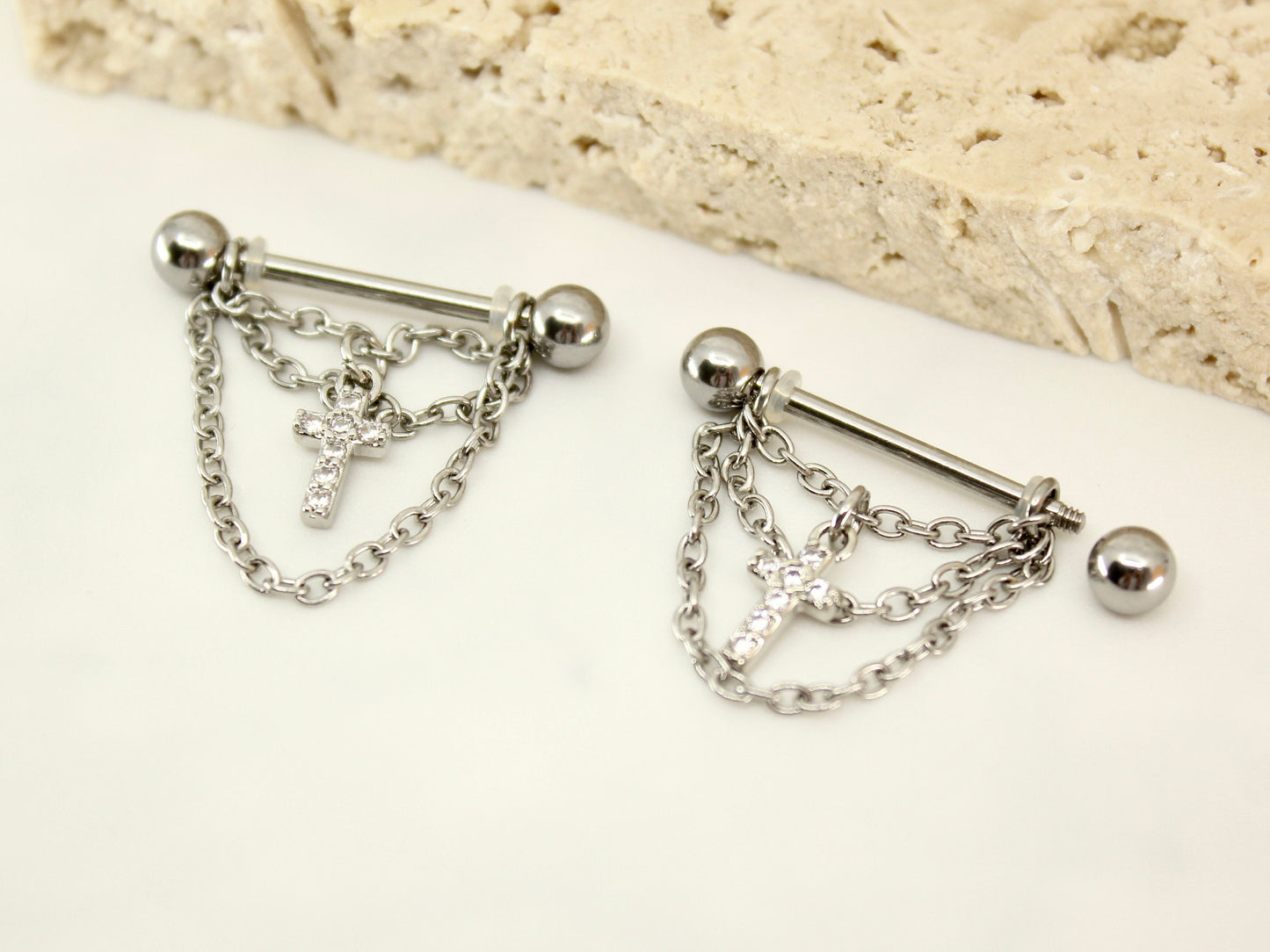 NEW • Silver Dangle Chain Nipple Ring, Cz Cross Dangle Chain Decor Nipple Piercing Barbell, 14g Nipple Ring Body Jewelry, Set of 2 Barbell