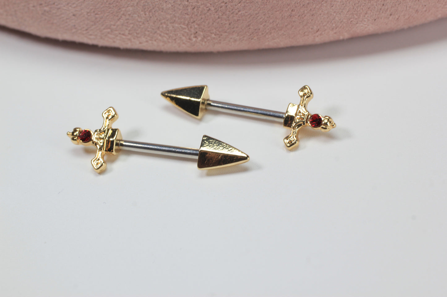 Gold Dagger Nipple Barbell, 14g Dagger Spike End Red Stone Nipple Piercing, Surgical Steel Body Jewelry