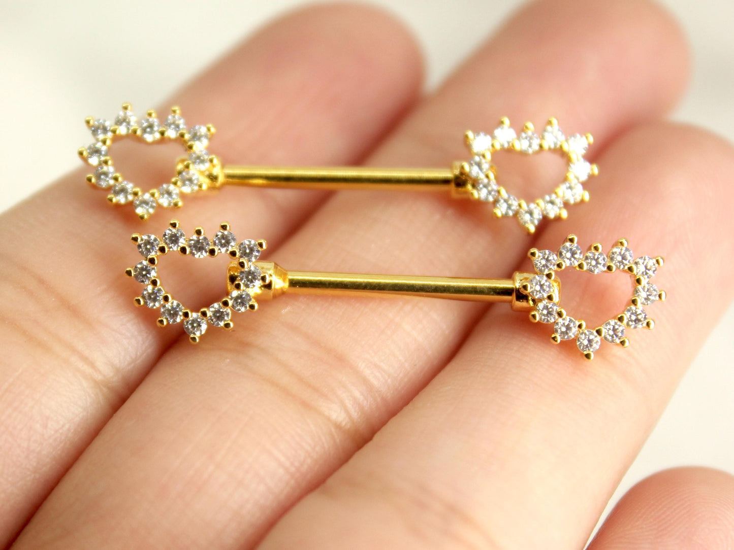 Gold Heart Nipple Ring. Sparkle Gem Hollow Heart Nipple Barbell. Nipple Piercing. 14g Heart Ends Nipple Jewelry. Body Piercing Jewelry