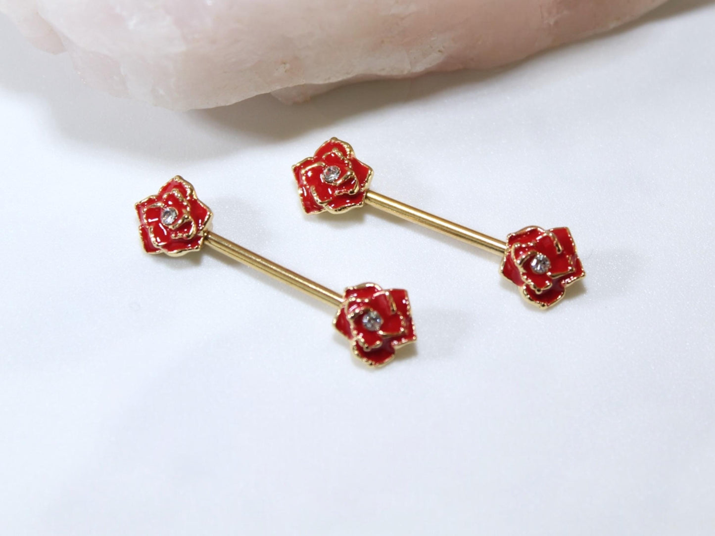 Red Rose Nipple Barbell Jewelry, 14g Rose Nipple Ring, Floral Nipple Piercing Jewelry, Personalized Body Jewelry