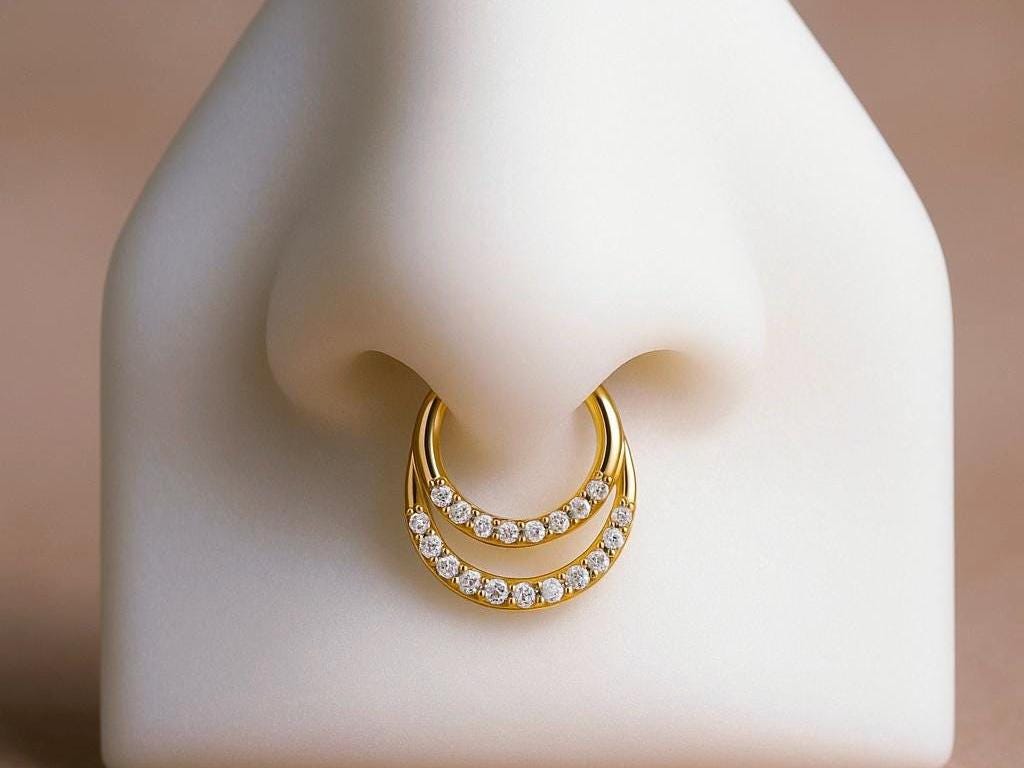 16G Septum Clicker Hinged Hoop Ring, Gold Dainty Double Line Sparkle Gem Septum Piercing Jewelry, Nose Piercing Body Jewelry