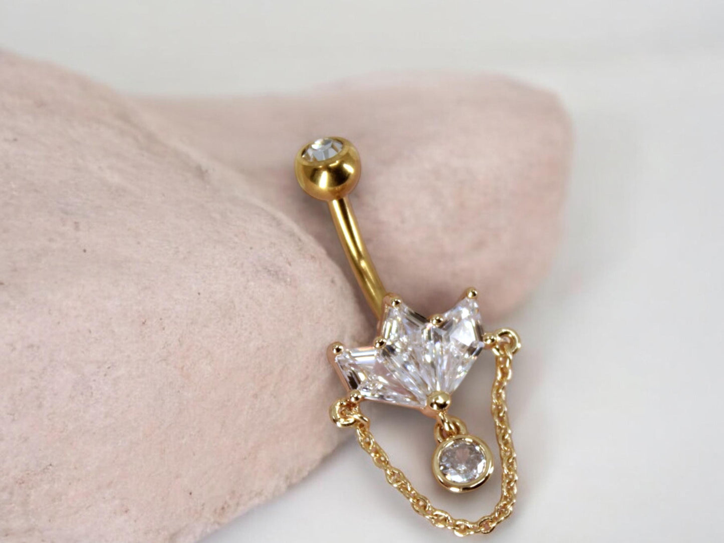 14g Gold Belly Button Ring, Marquise Gem Petal Decor Chain Charm Belly Button Piercing Jewelry, Gold Dangling Navel Bar Body Jewelry