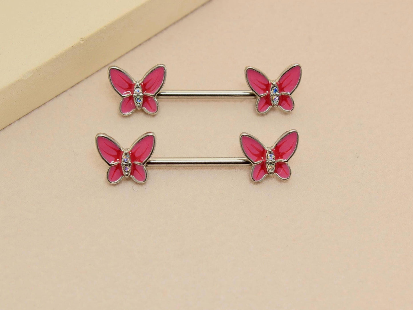Butterfly Nipple Barbell Piercing, 14G Pink Butterfly CZ Stud Nipple Ring Jewelry, Pair of Butterfly End Screw Enamel Nipple Body Jewelry