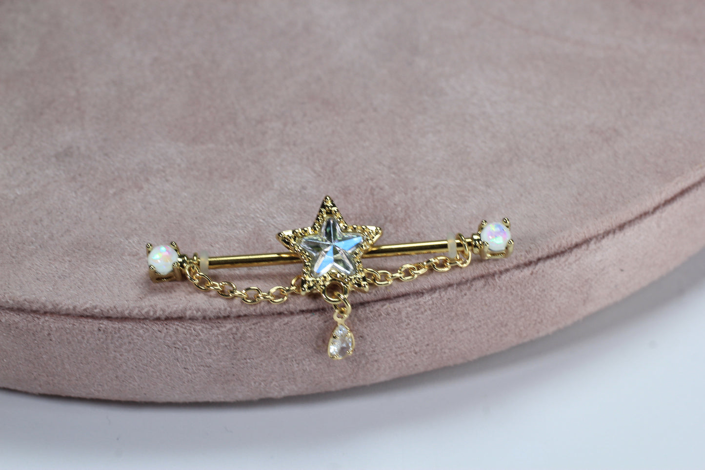 14G Gold Star Industrial Barbell with Chain, Dainty Dangling Star Industrial Piercing, 35mm Cartilage Scaffold Barbell Jewelry