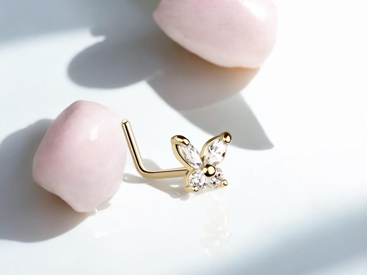 14K Gold Butterfly Nose Stud, 20g Dainty Crystal Butterfly L Shape Nose Stud, Gold Nose Jewelry, Minimalist Nose Piercing Ring Jewelry