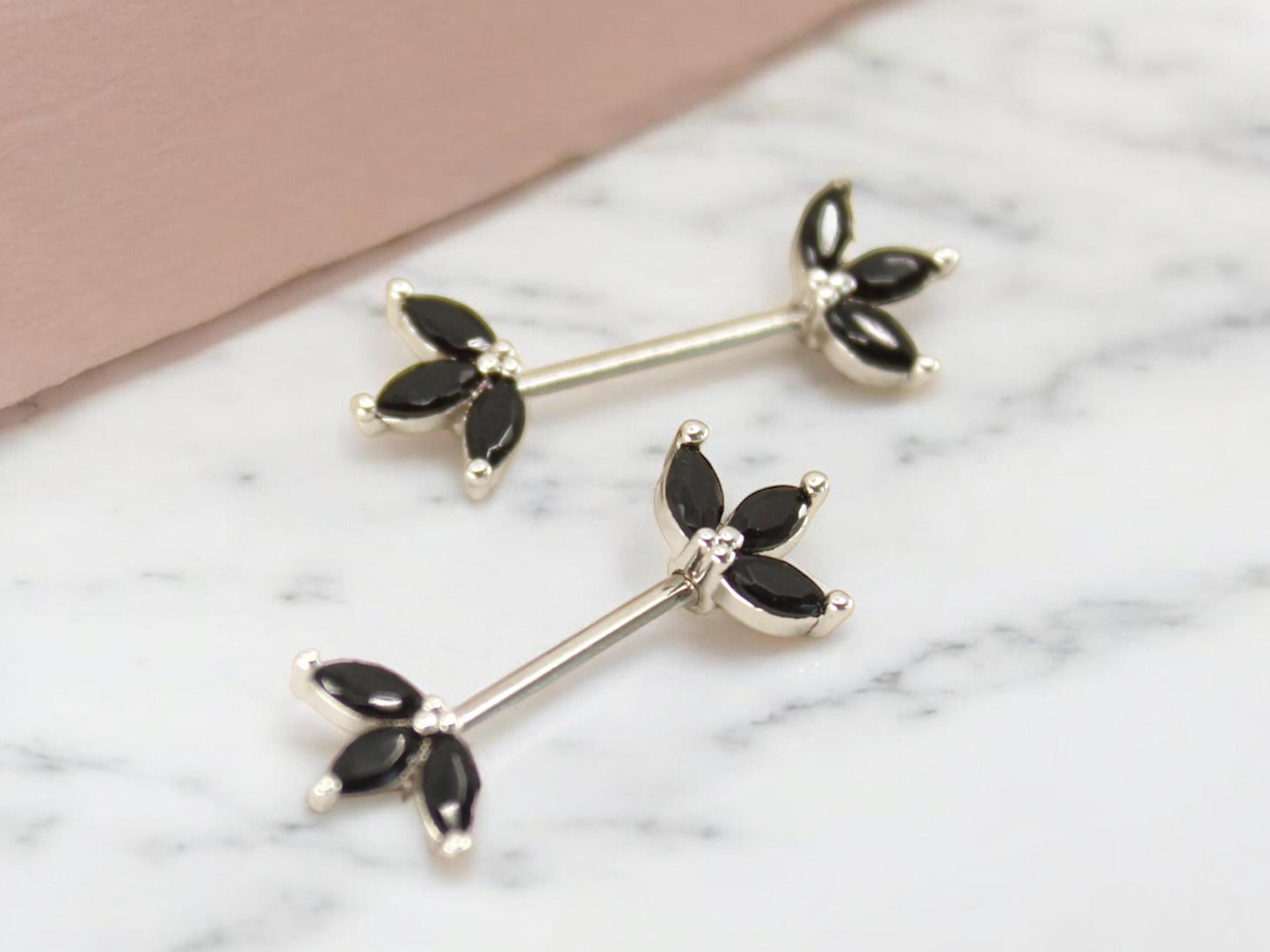 Black Marquise Leaf Nipple Barbell 14G – Floral Petal Black Nipple Rings, Surgical Steel Nipple Piercing Jewelry, Pair (Set of 2)