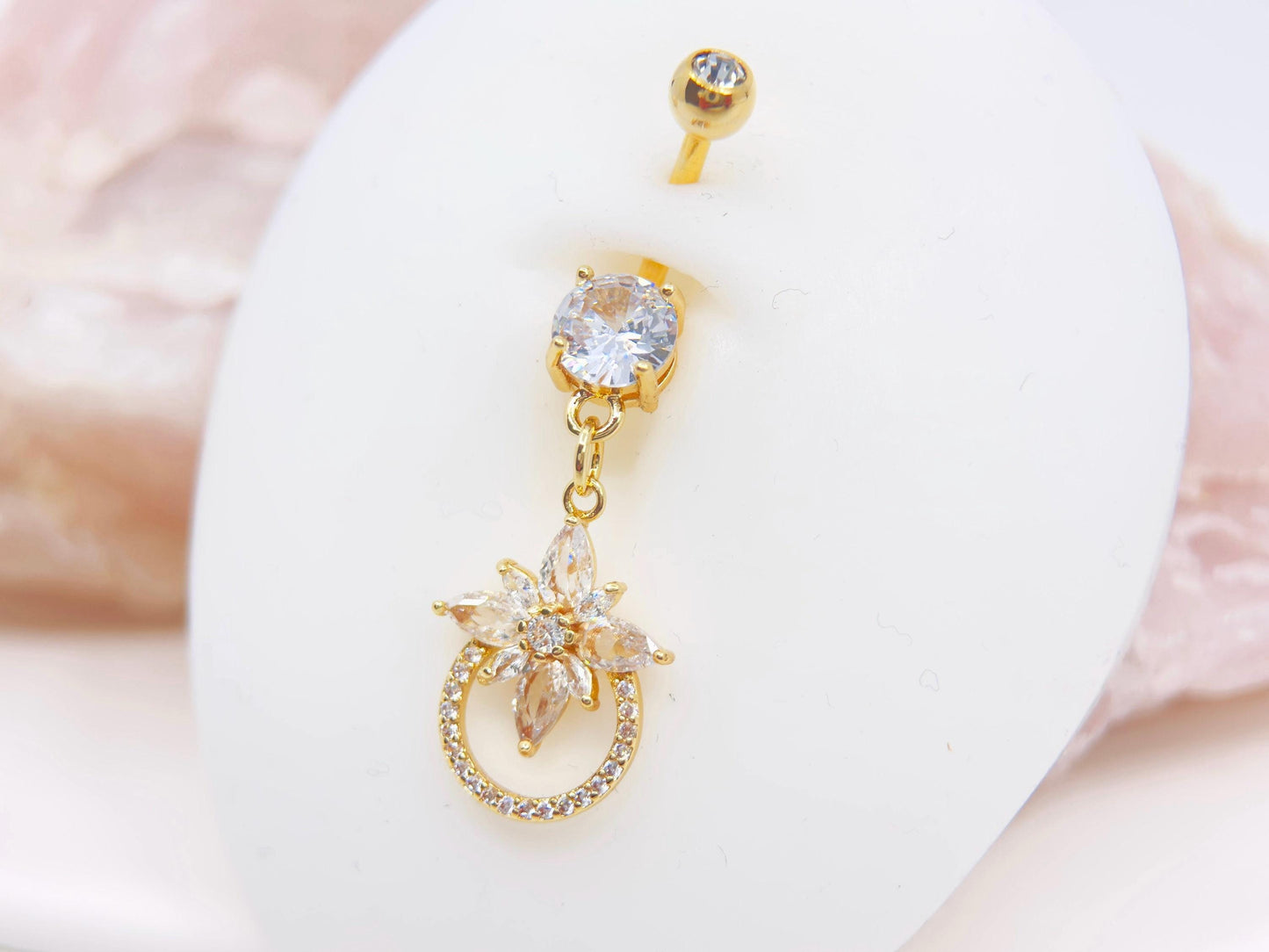 14g Gold Dangling Belly Button Ring, Dainty  Sparkling Floral Belly Ring,  Navel Piercing Jewelry