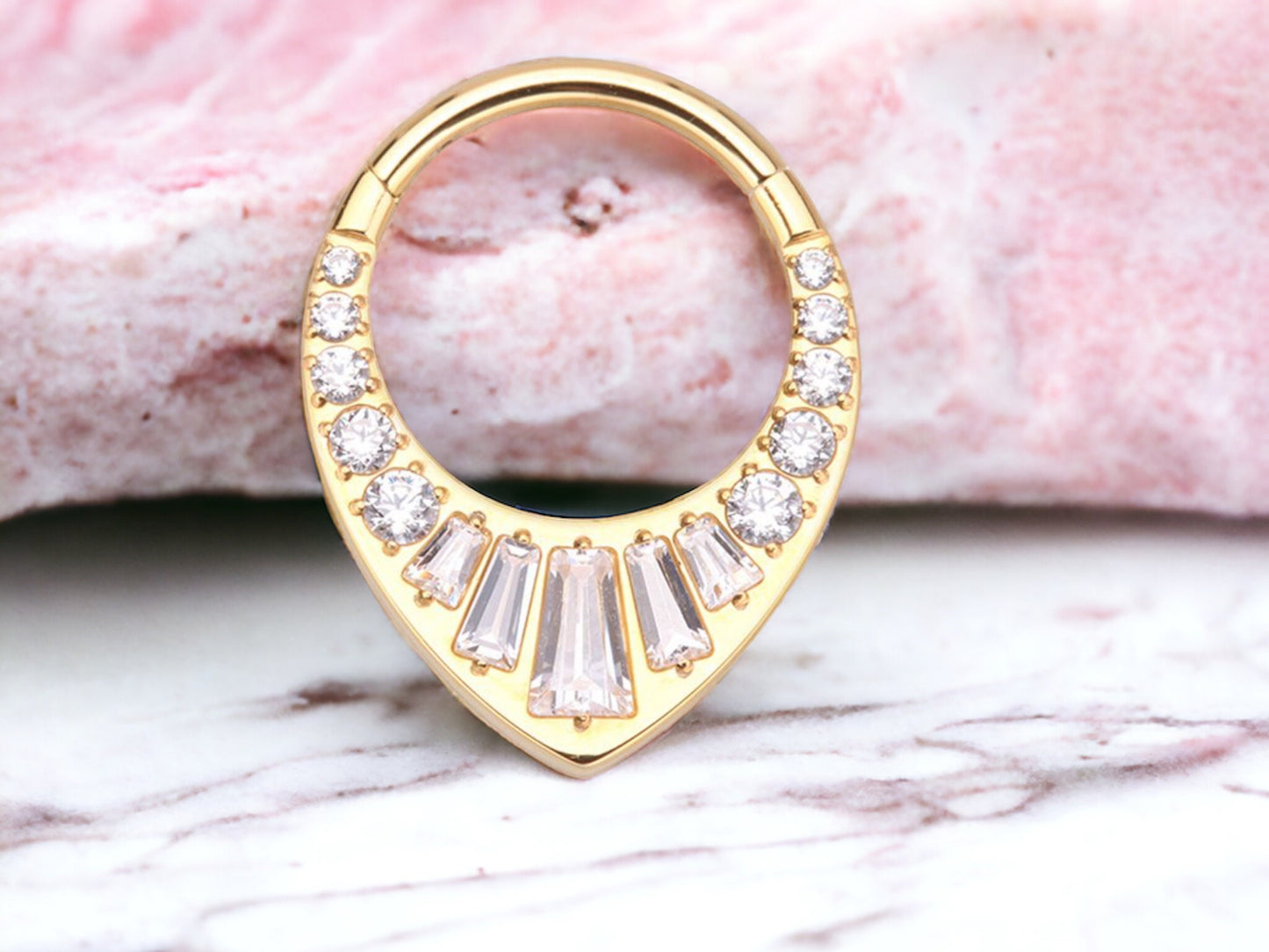 16g Gold Titanium Multi-Gems Septum Clicker Hoop. CZ V shaped Septum Ring. Septum Clicker Hoop. Nose Piercing Body Jewelry