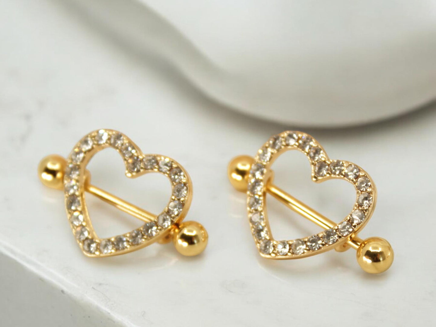Gold Heart Nipple Barbell, Sparkling Gems Gold Heart Nipple Shield Piercing Jewelry, Nipple Ring Body Piercing Jewelry.