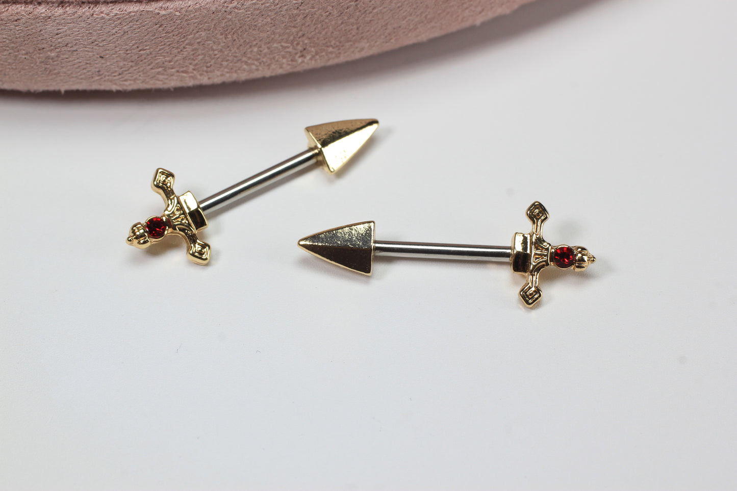 Gold Dagger Nipple Barbell, 14g Dagger Spike End Red Stone Nipple Piercing, Surgical Steel Body Jewelry