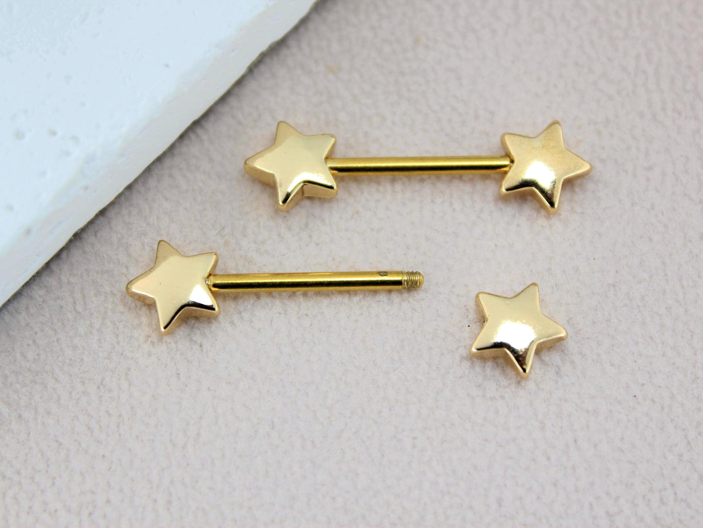 14G Gold Nipple Barbell, Star End Nipple Ring Piercing, Hypoallergenic Body Jewelry, Minimalist Nipple Piercing.