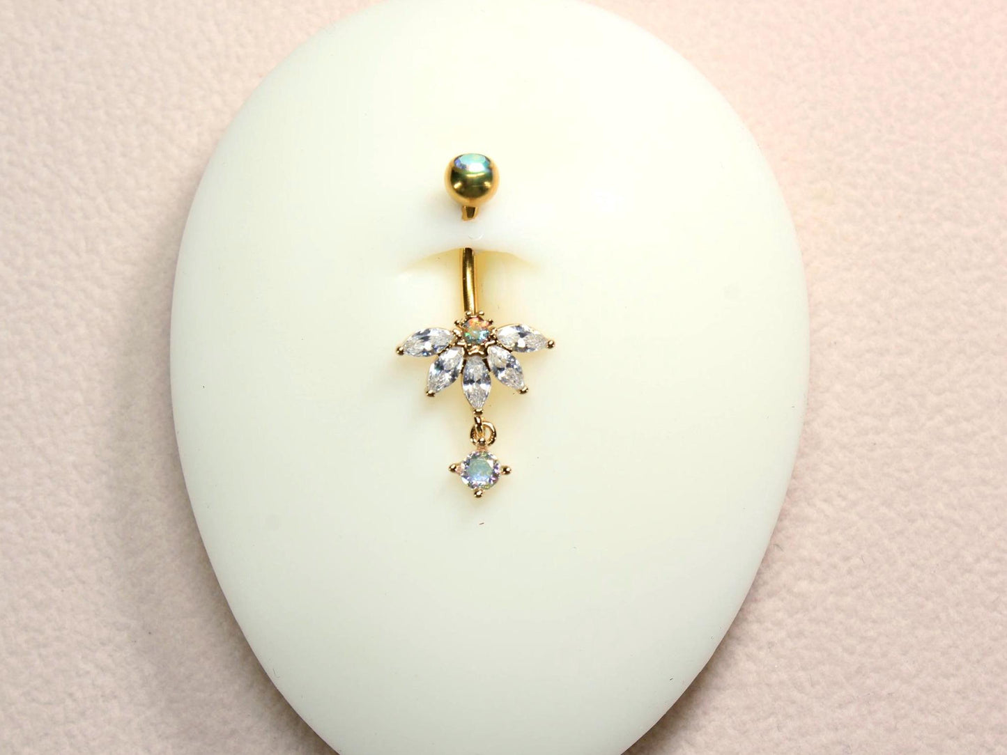 Gold Dangling Belly Button Ring, 14G Petal Leaf Decor Marquise Gemstone Belly Ring Piercing Jewelry, Gold Navel Piercing,Dainty Body Jewelry