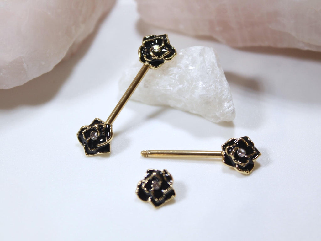 Black Rose Nipple Barbell Jewelry, 14g Rose Nipple Ring, Floral Nipple Piercing Jewelry, Personalized Body Jewelry
