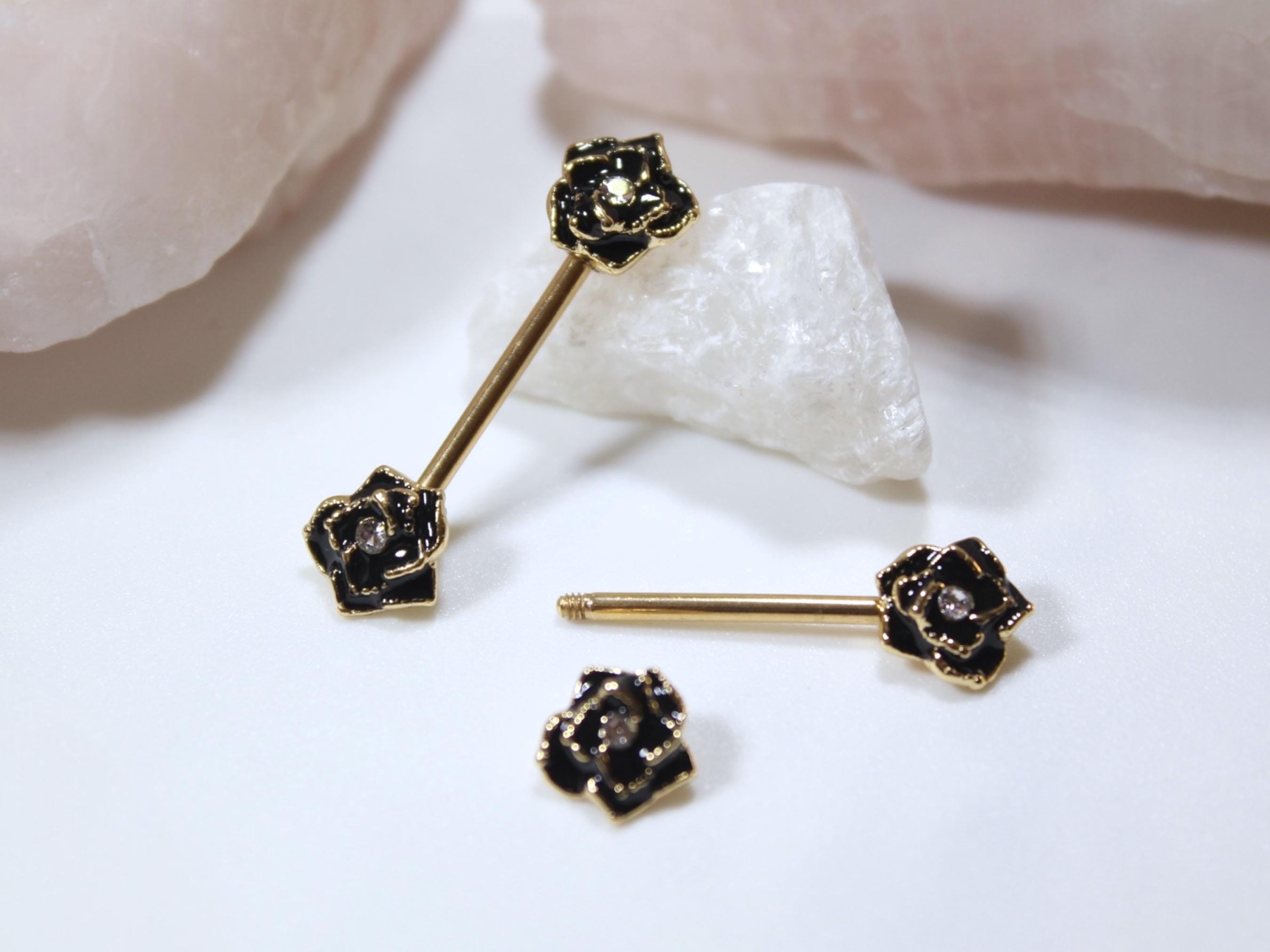 Black Rose Nipple Barbell Jewelry, 14g Rose Nipple Ring, Floral Nipple Piercing Jewelry, Personalized Body Jewelry