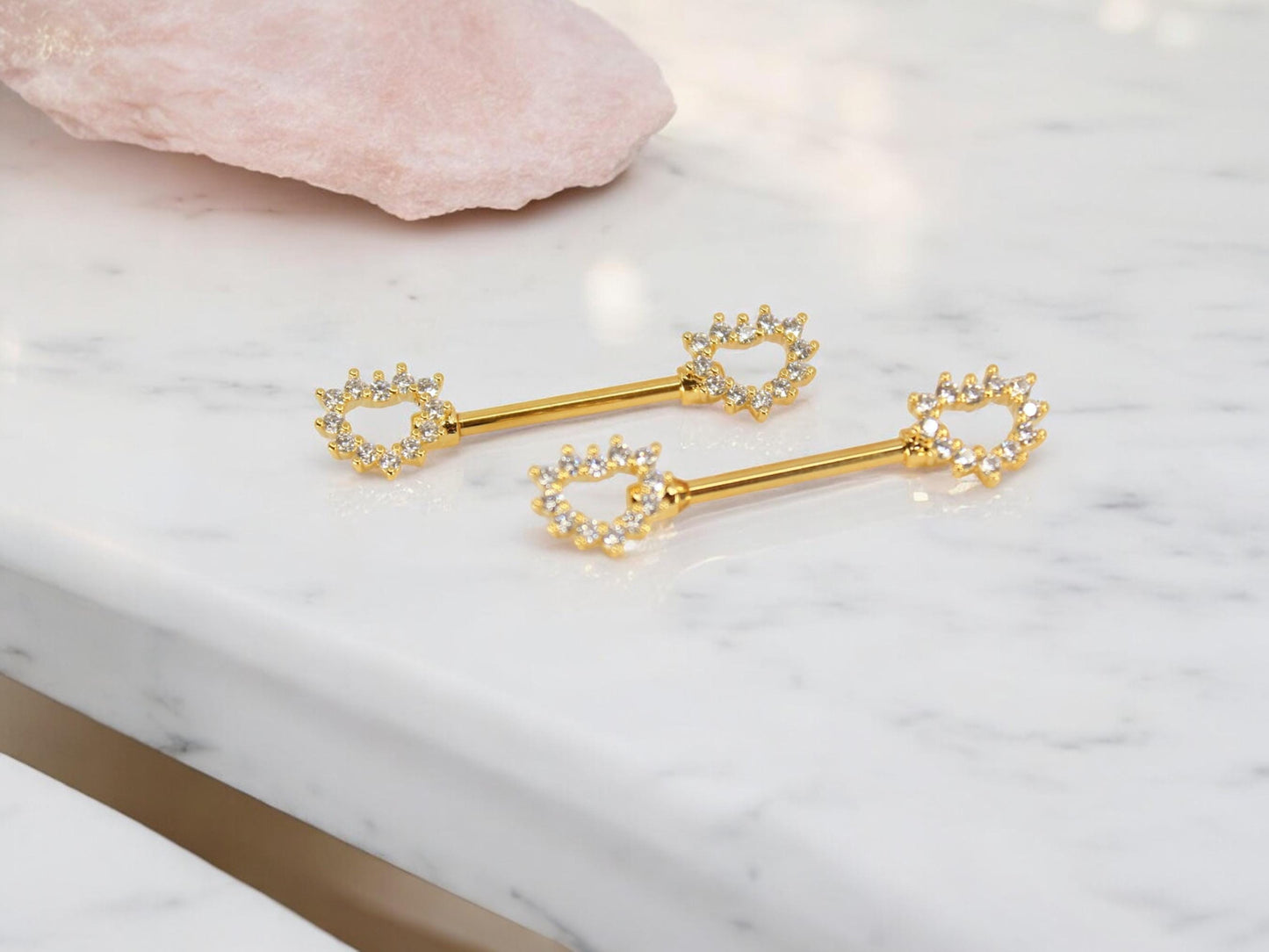 Gold Heart Nipple Ring. Sparkle Gem Hollow Heart Nipple Barbell. Nipple Piercing. 14g Heart Ends Nipple Jewelry. Body Piercing Jewelry